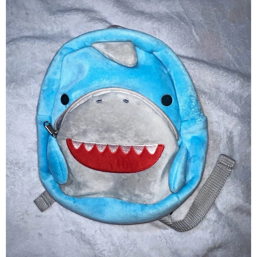 Kids Mini Plush Shark Backpack Blue Gray Red Zip, Adjustable Straps